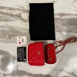 CHANEL Red Quilted Leather Key and Card Holder Set